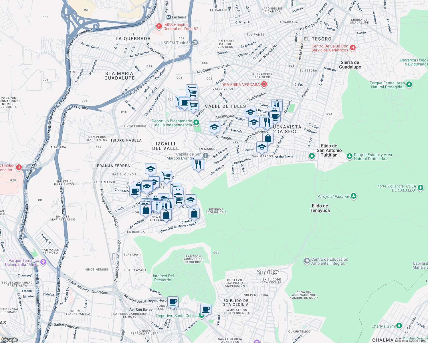 map of restaurants, bars, coffee shops, grocery stores, and more near Santa Monica in Buenavista