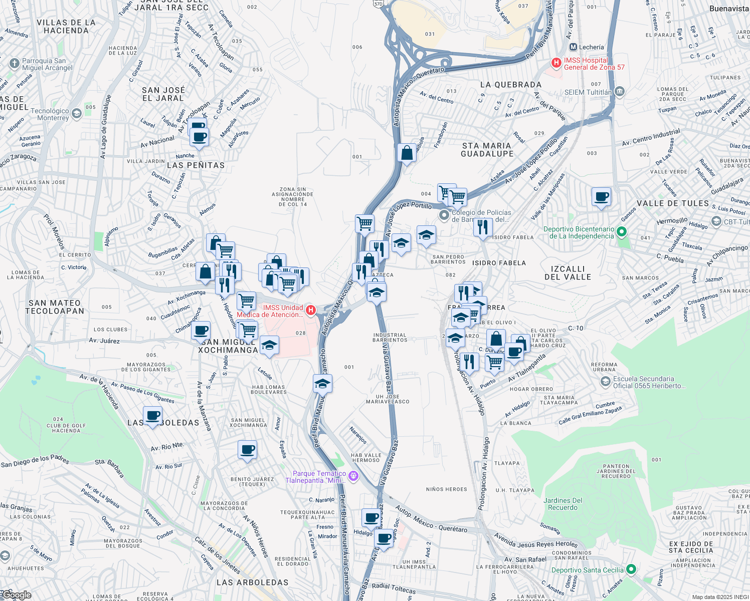 map of restaurants, bars, coffee shops, grocery stores, and more near Gustavo Baz in Tlalnepantla