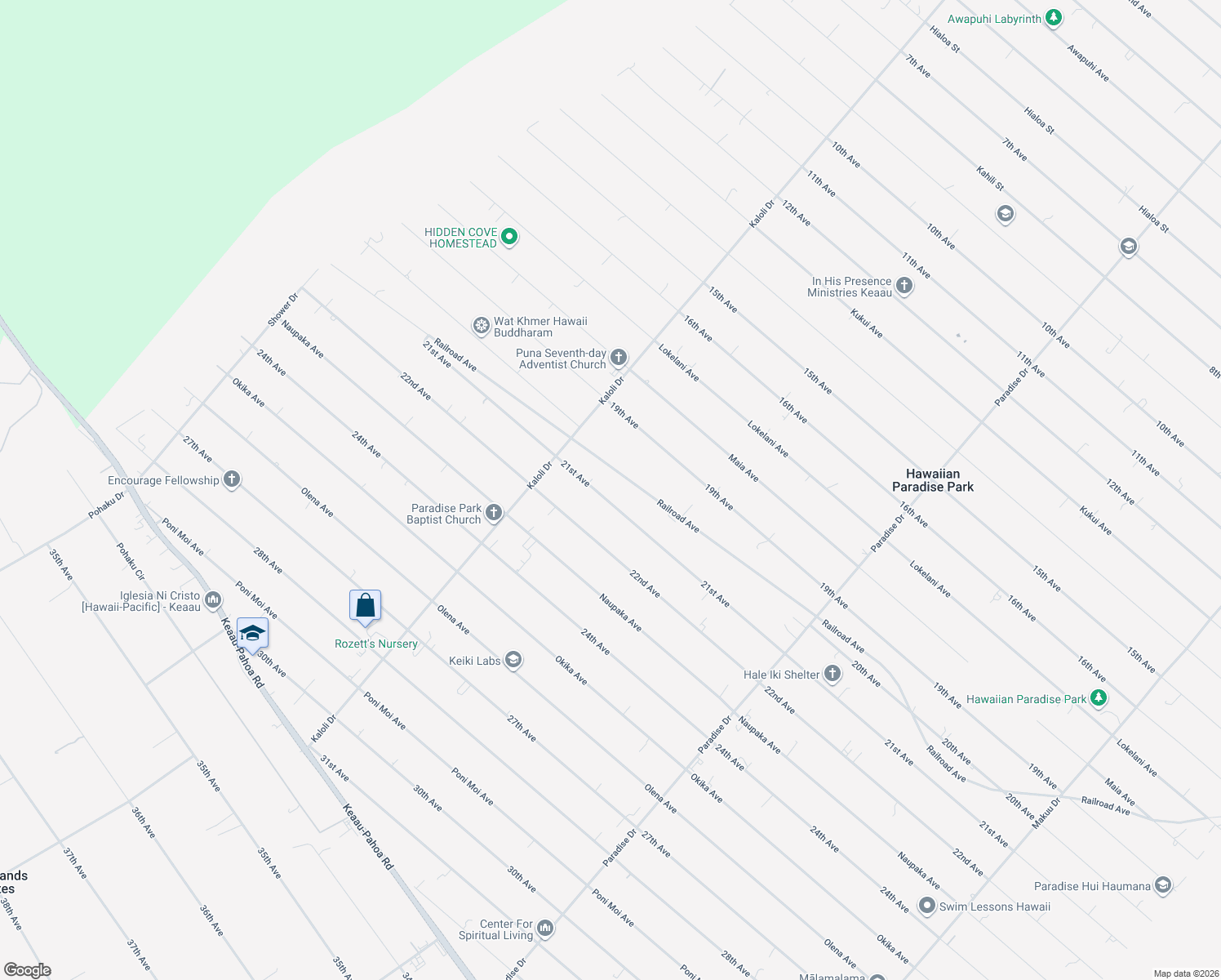 map of restaurants, bars, coffee shops, grocery stores, and more near 15-1579 21st Avenue in Keaau