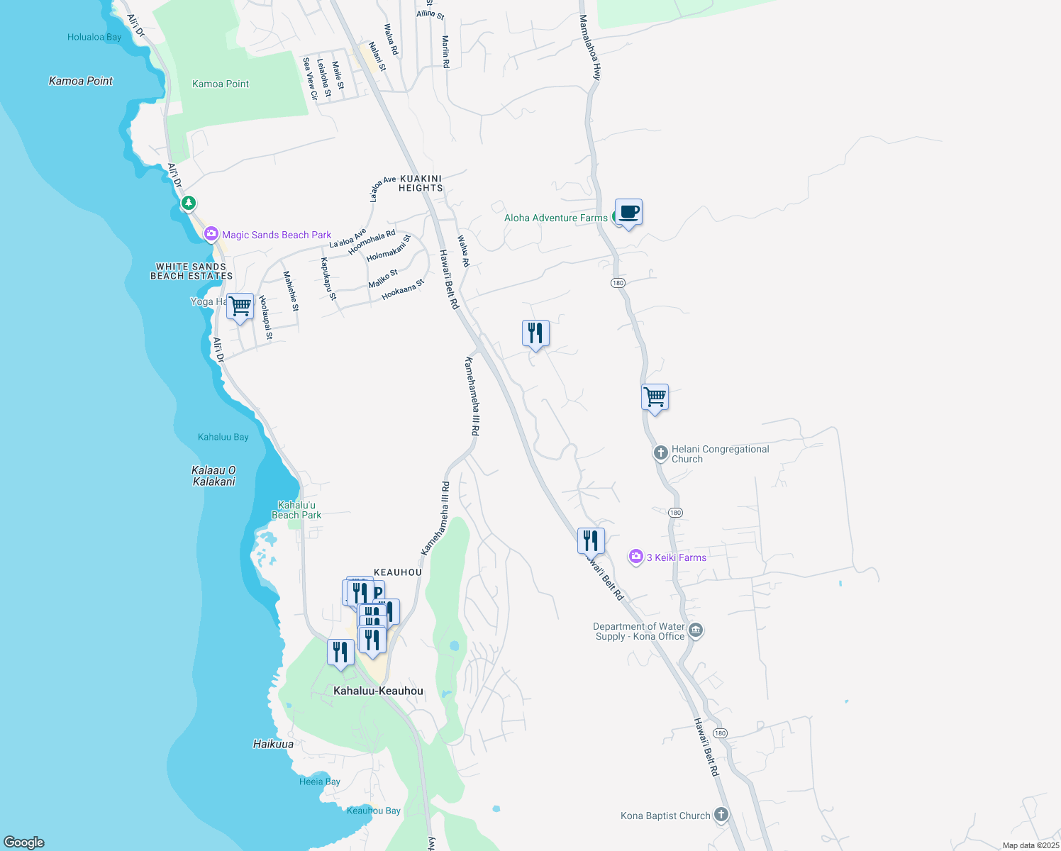 map of restaurants, bars, coffee shops, grocery stores, and more near 78-6826 Walua Road in Kailua-Kona