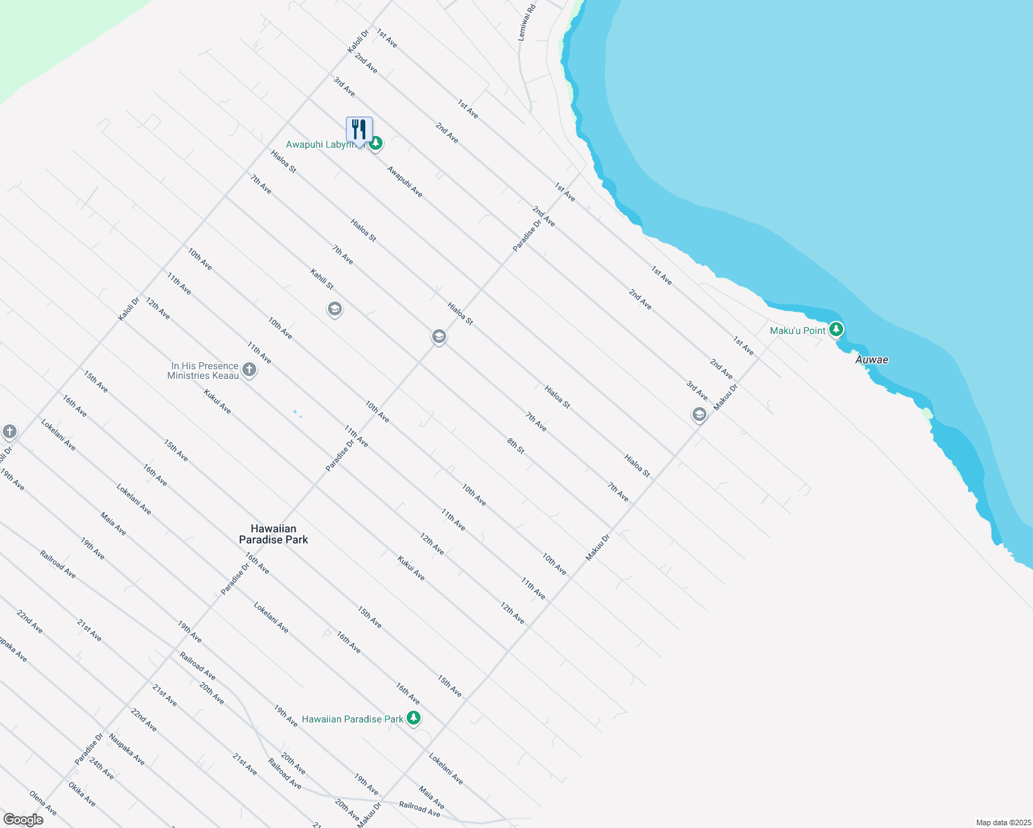 map of restaurants, bars, coffee shops, grocery stores, and more near 15-1840 7th Avenue in Keaau
