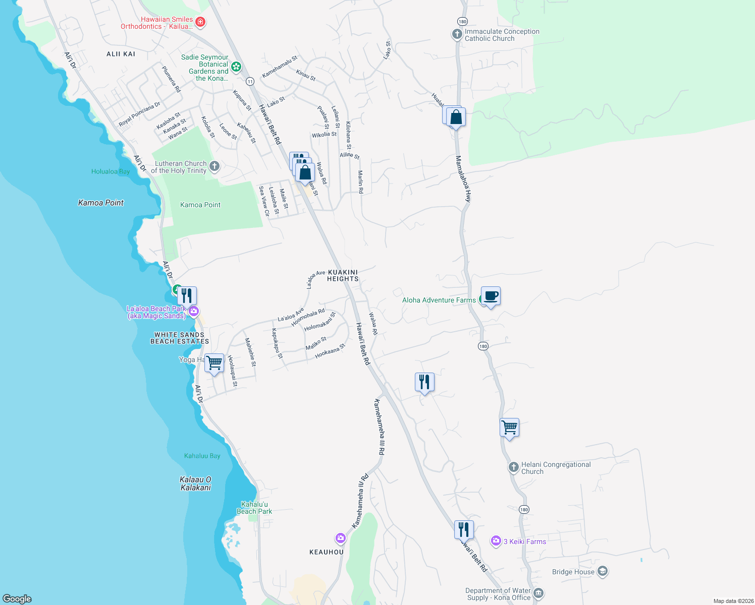 map of restaurants, bars, coffee shops, grocery stores, and more near 77-349 Paulina Place in Kailua-Kona