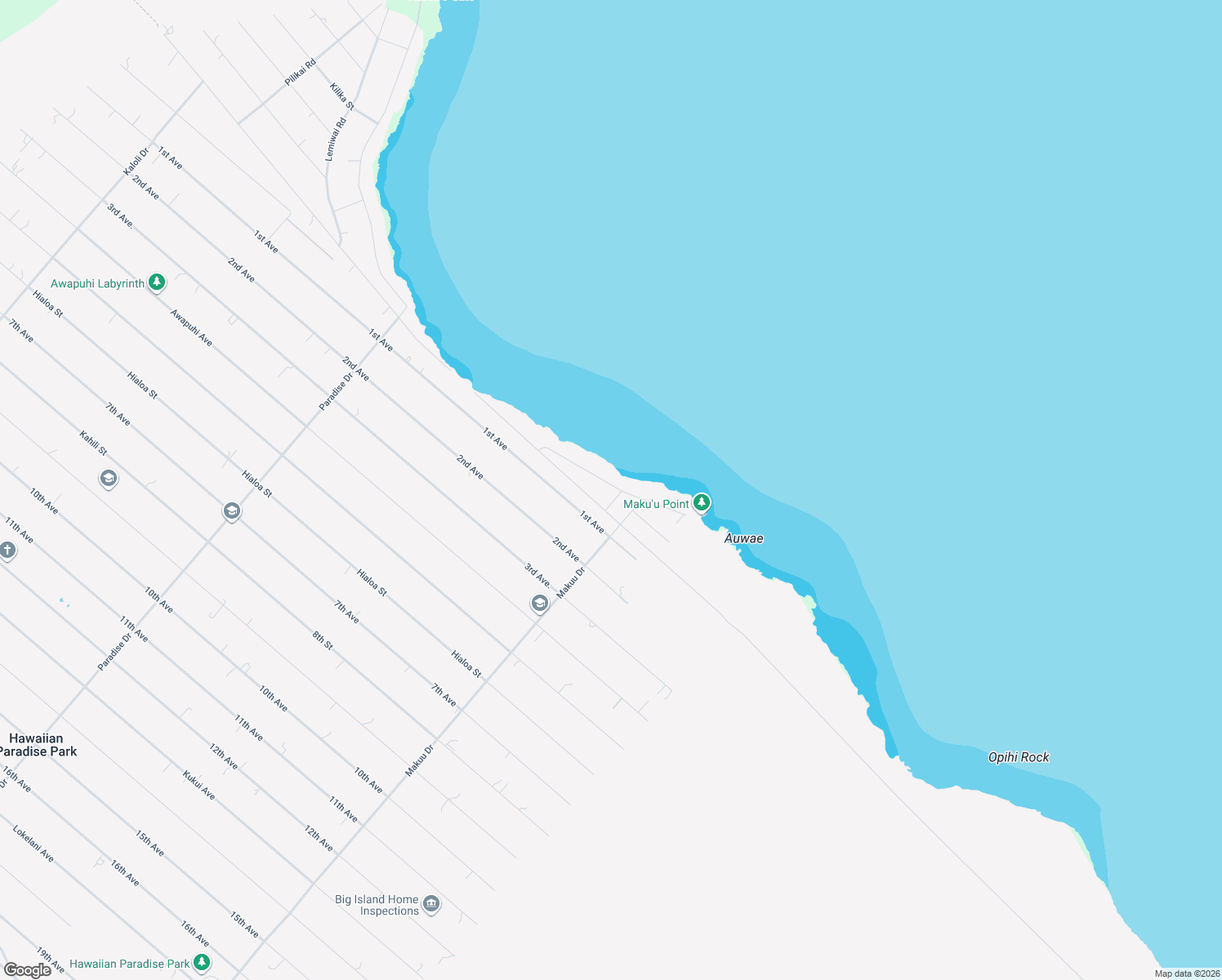map of restaurants, bars, coffee shops, grocery stores, and more near 15-1060 Ala Heiau Road in Keaau