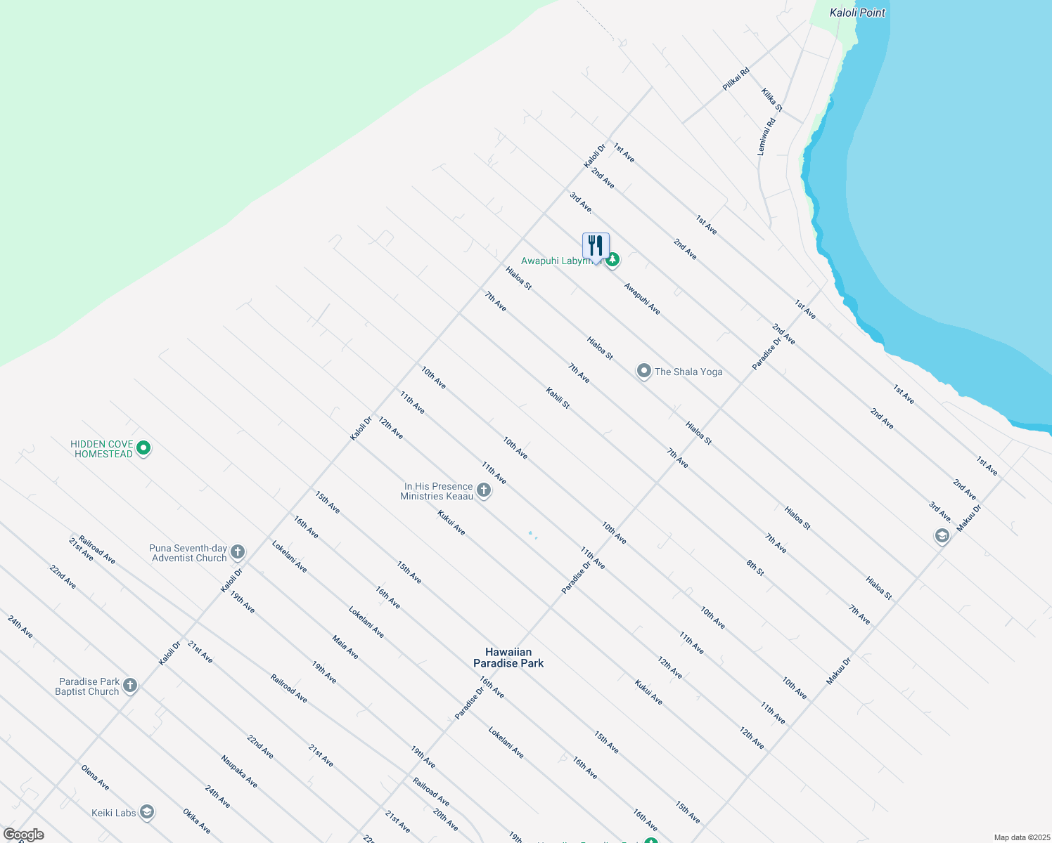 map of restaurants, bars, coffee shops, grocery stores, and more near 15-1632 9th Avenue in Keaau