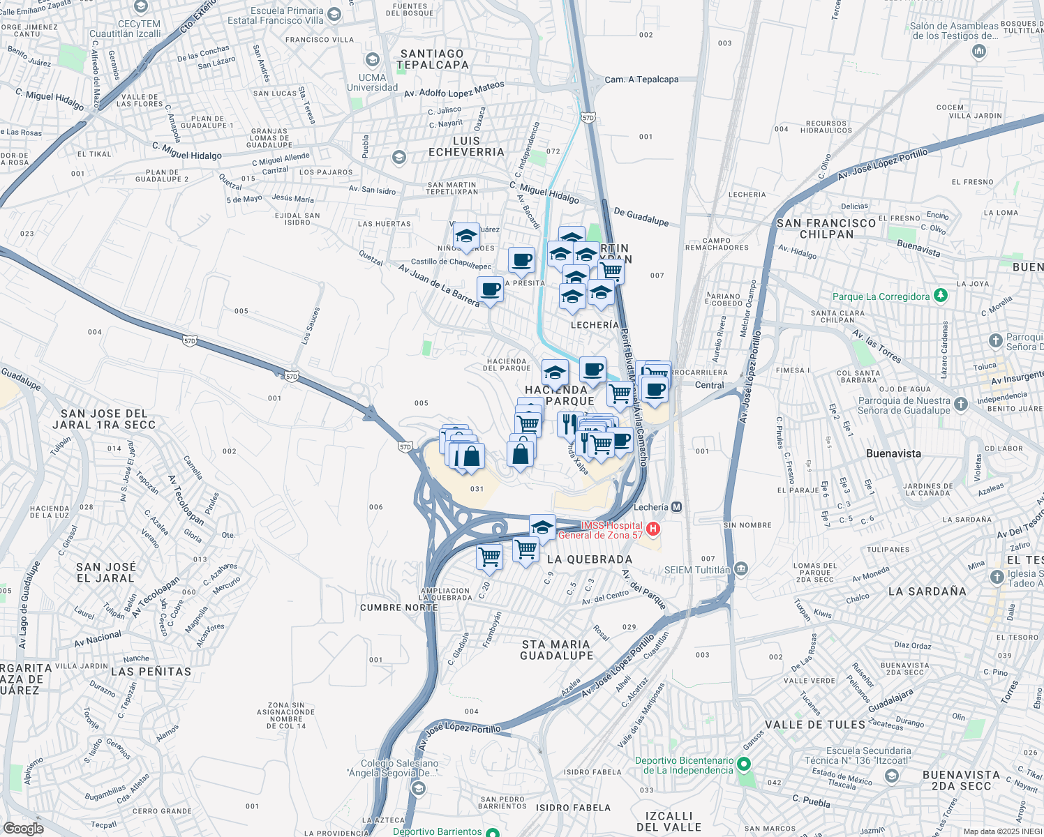 map of restaurants, bars, coffee shops, grocery stores, and more near Avenida Hacienda de la Gavia in Cuautitlán Izcalli