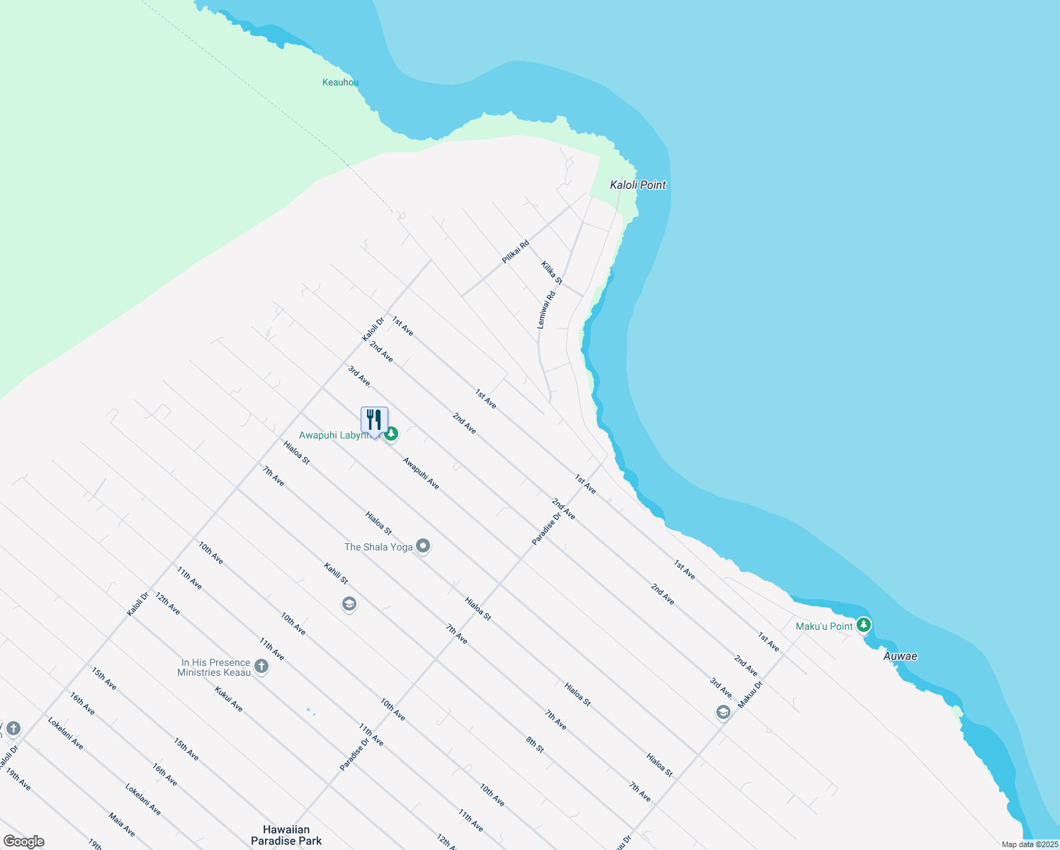map of restaurants, bars, coffee shops, grocery stores, and more near 15-1681 1st Avenue in Keaau