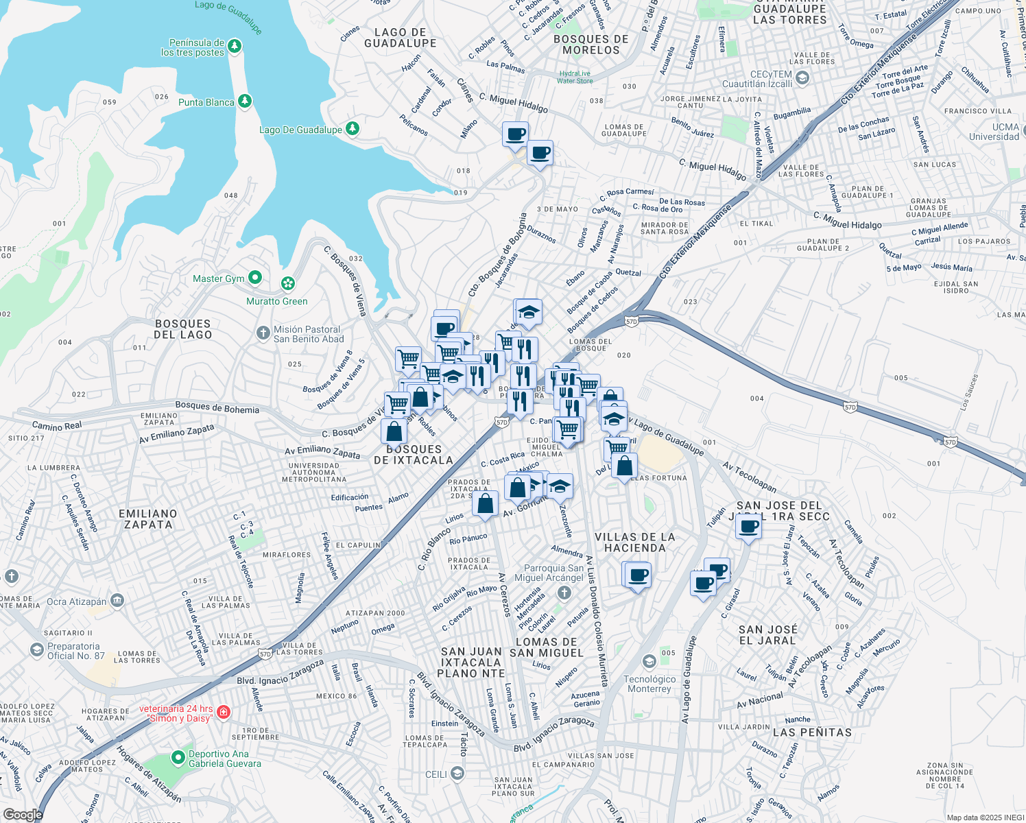 map of restaurants, bars, coffee shops, grocery stores, and more near Carretera Federal 57 de Cuota in Ciudad López Mateos