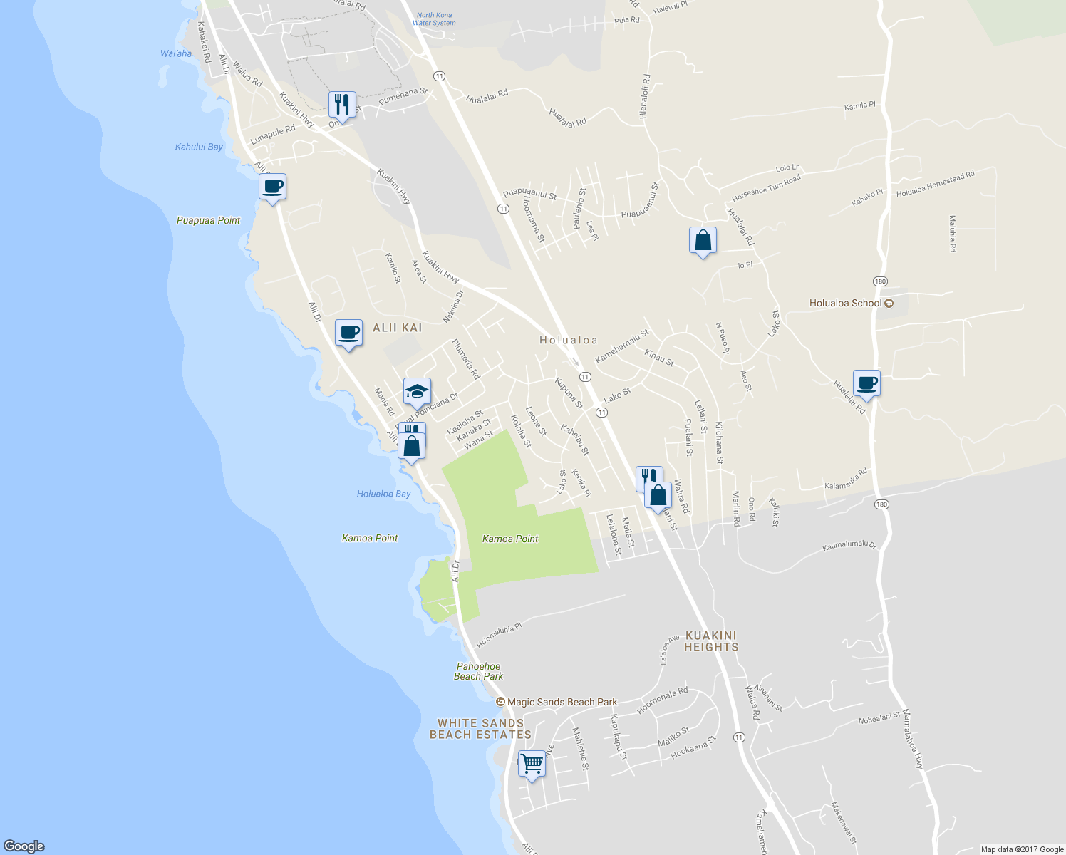 map of restaurants, bars, coffee shops, grocery stores, and more near 76-6320 Leone Street in Kailua-Kona