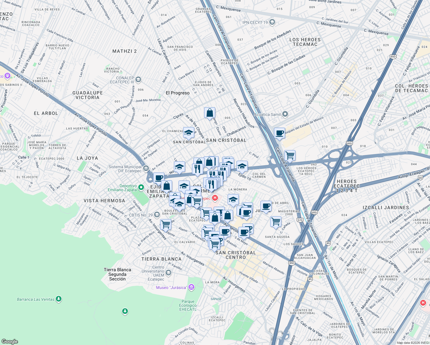 map of restaurants, bars, coffee shops, grocery stores, and more near in Texcoco de Mora