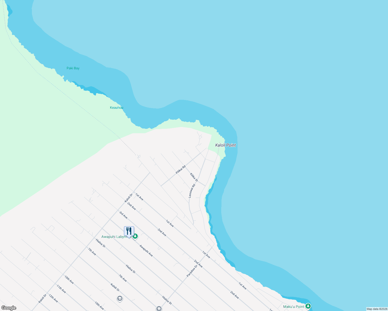 map of restaurants, bars, coffee shops, grocery stores, and more near 15-1027 Kukane Road in Keaau