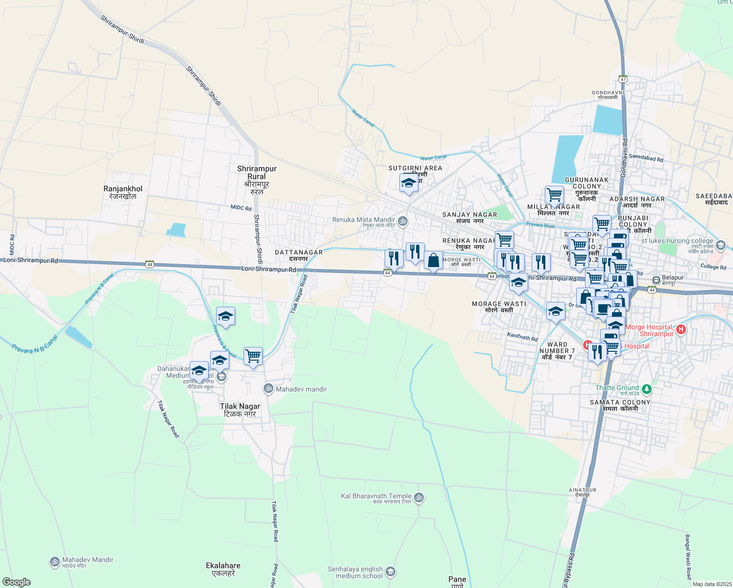 map of restaurants, bars, coffee shops, grocery stores, and more near Maharashtra State Highway 44 in Shrirampur