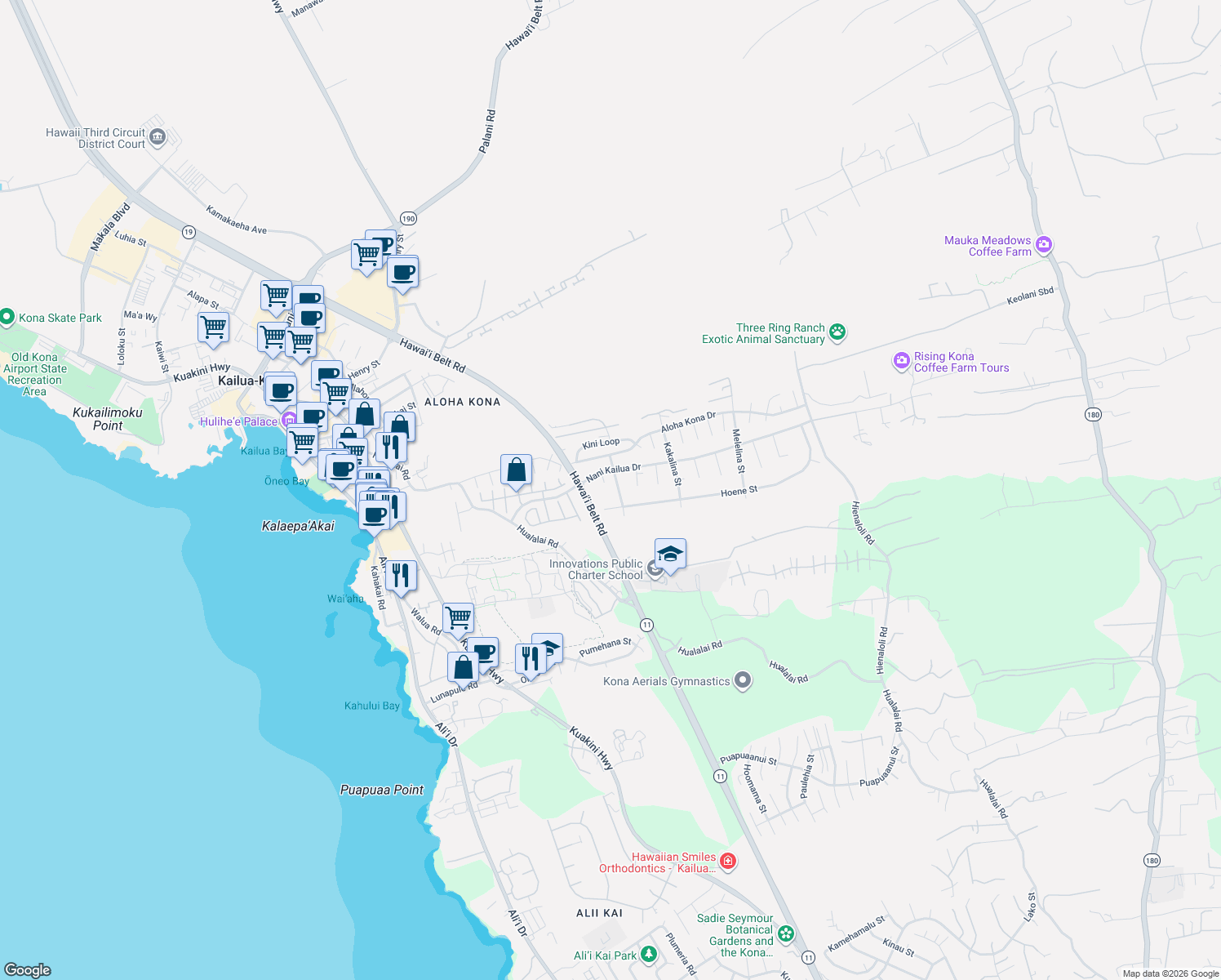 map of restaurants, bars, coffee shops, grocery stores, and more near 75-5816 Welo Street in Kailua-Kona