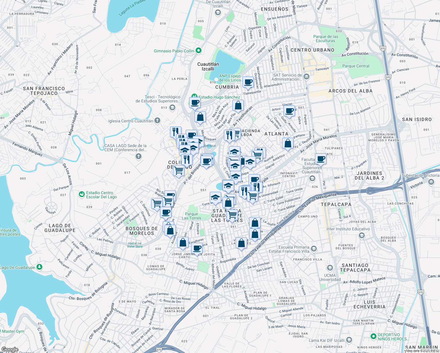 map of restaurants, bars, coffee shops, grocery stores, and more near Avenida Constitución in Cuautitlán Izcalli