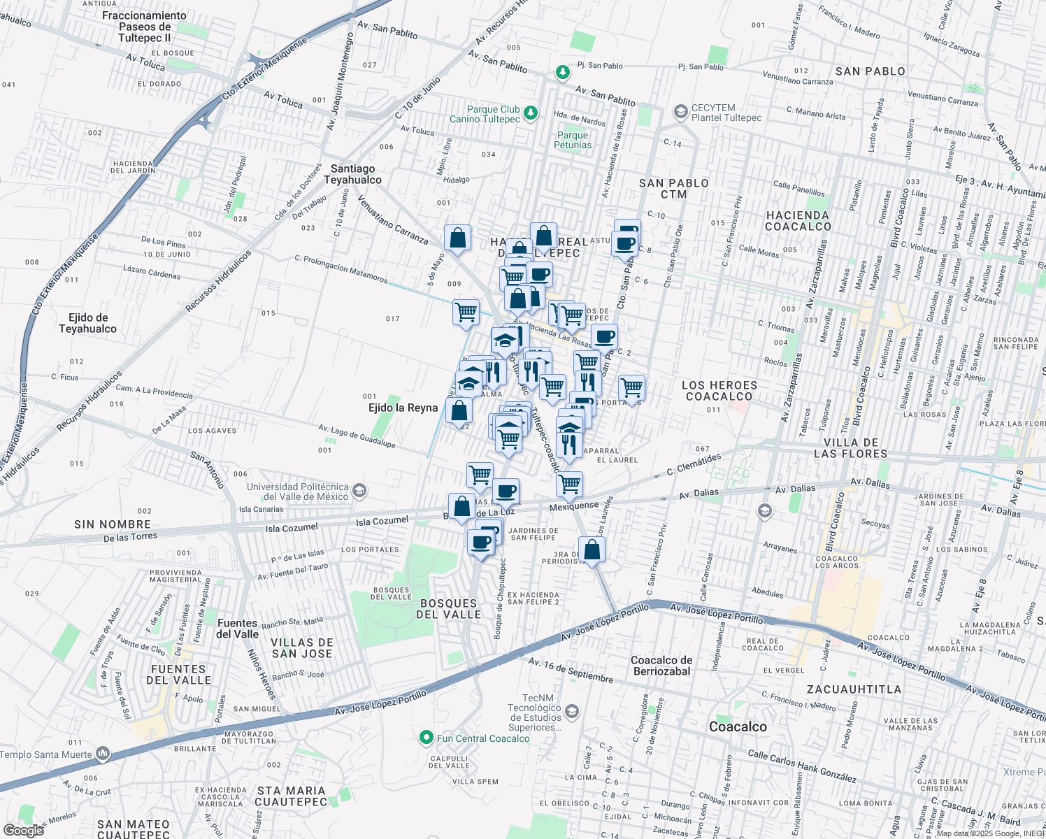 map of restaurants, bars, coffee shops, grocery stores, and more near in San Francisco Coacalco
