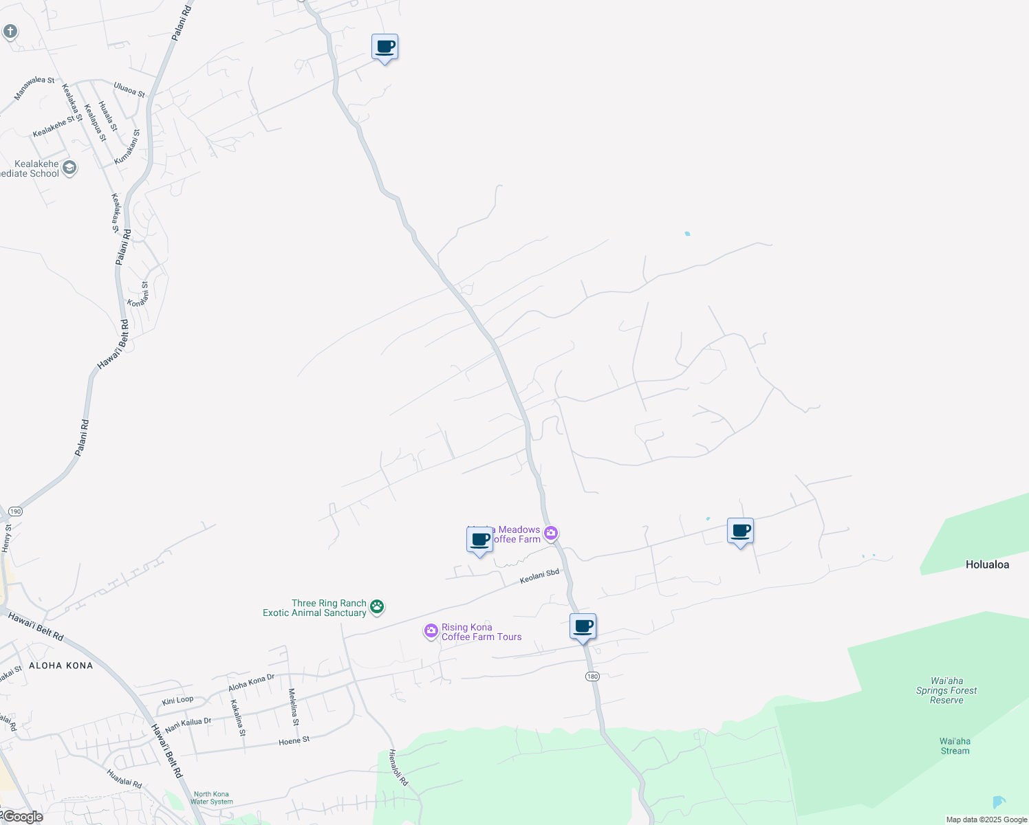 map of restaurants, bars, coffee shops, grocery stores, and more near 75-5358 Mamalahoa Highway in Holualoa
