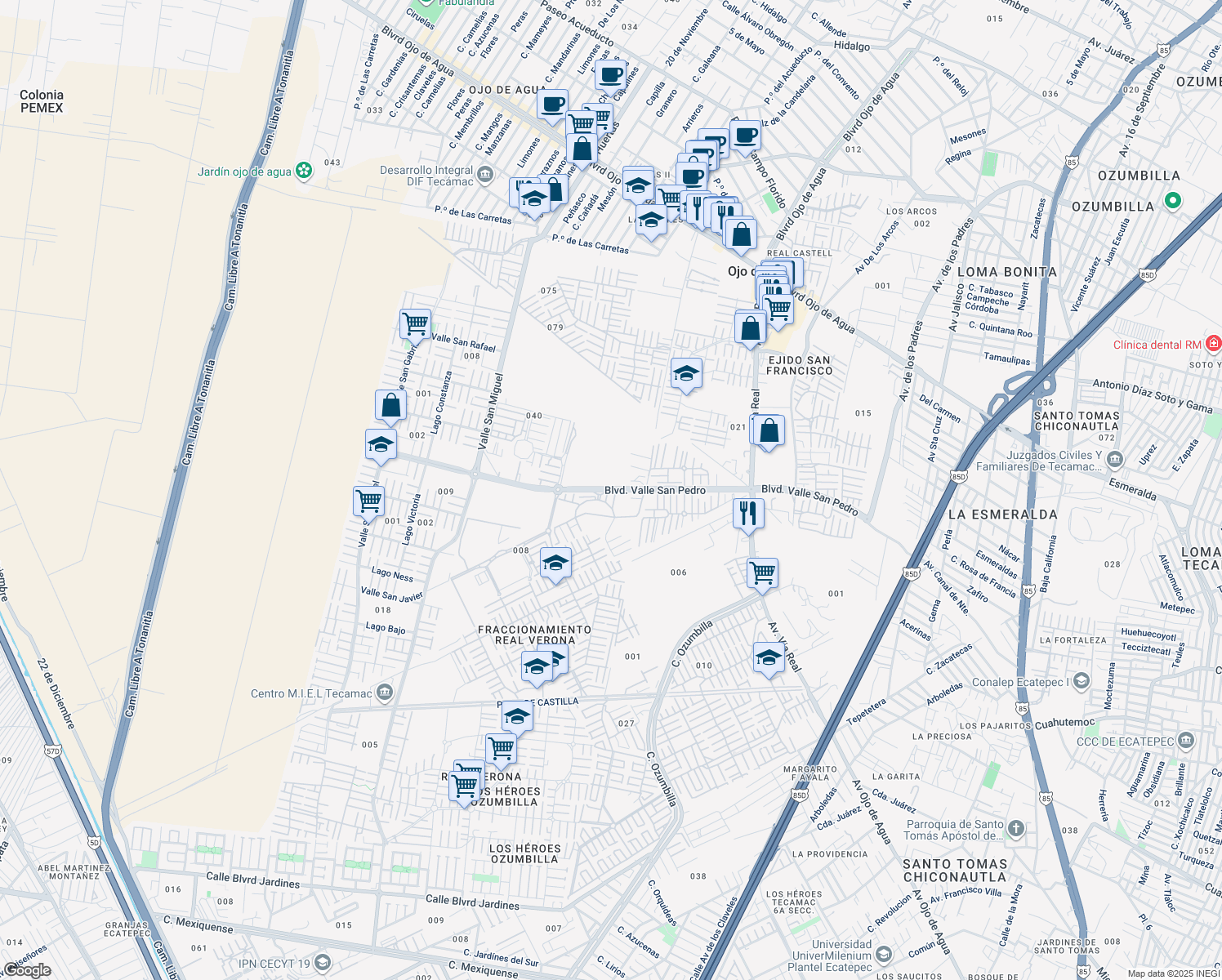 map of restaurants, bars, coffee shops, grocery stores, and more near Privada Rio Zujar in Ojo de Agua