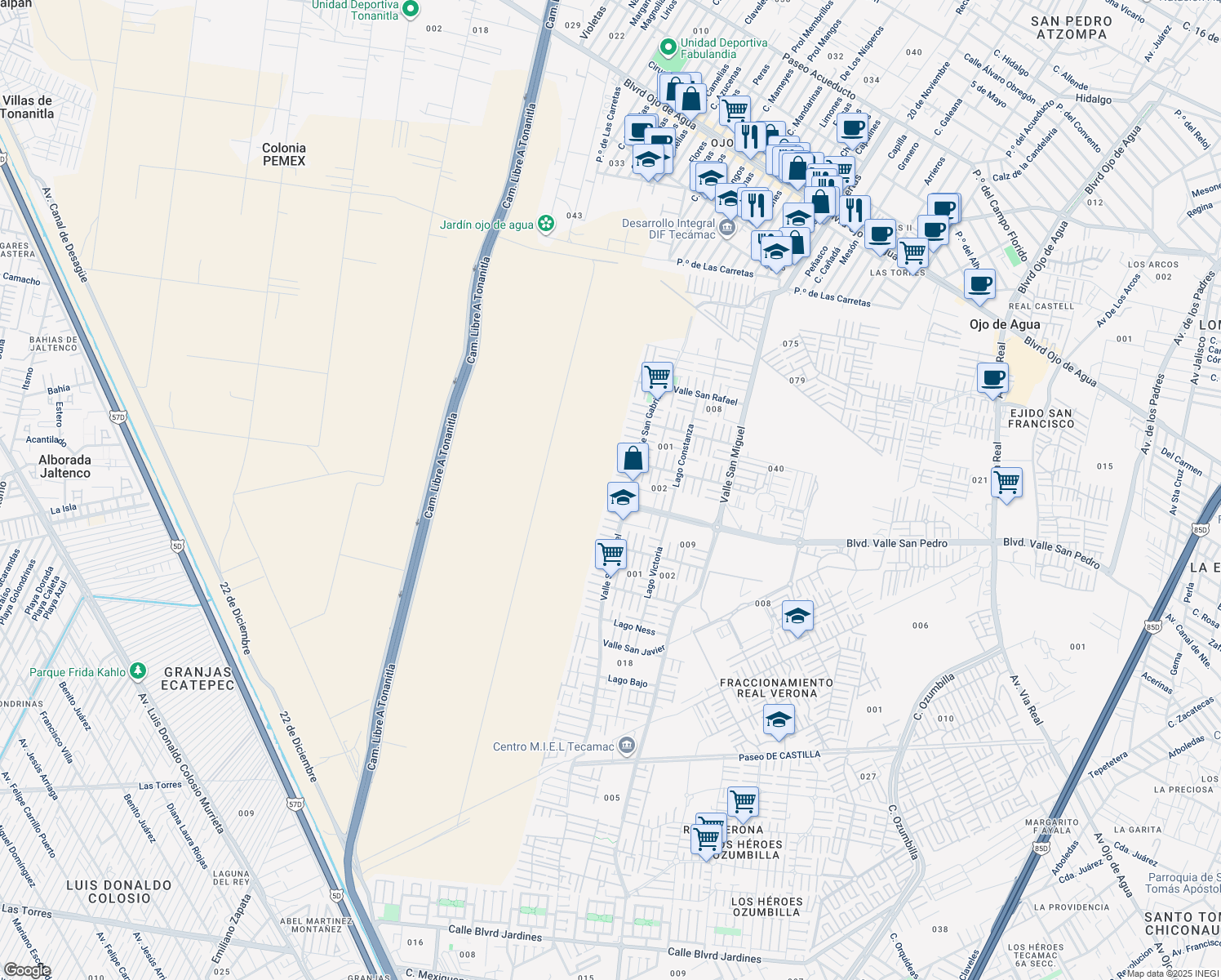 map of restaurants, bars, coffee shops, grocery stores, and more near Privada Rio Zujar in Ojo de Agua