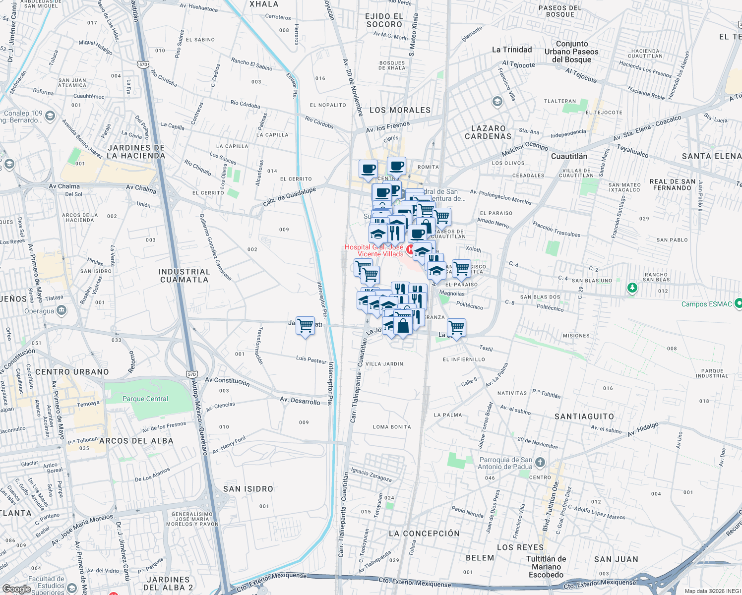 map of restaurants, bars, coffee shops, grocery stores, and more near Avenida 16 de Septiembre in Cuautitlán Izcalli