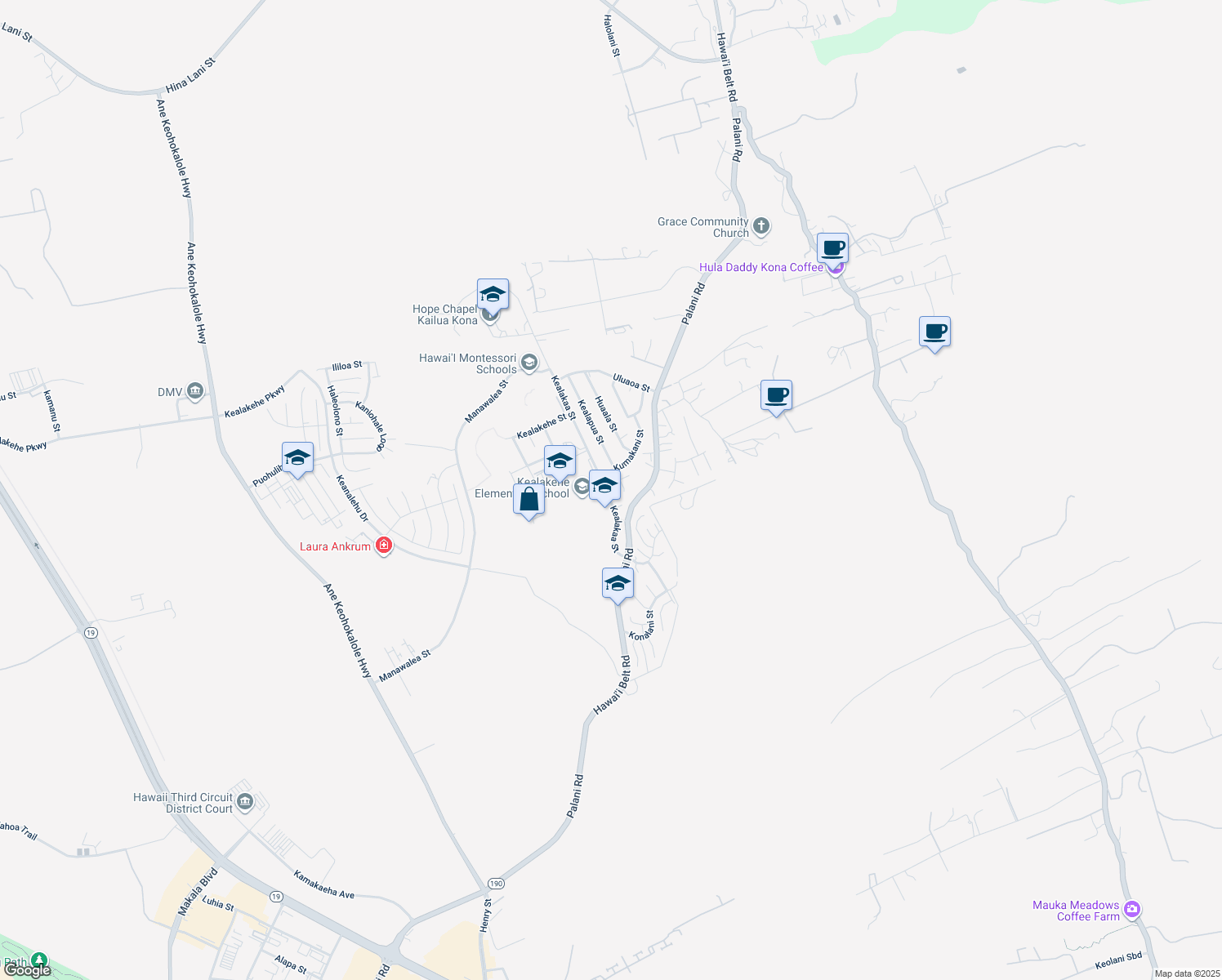 map of restaurants, bars, coffee shops, grocery stores, and more near 74-5101 Kealakaa Street in Kailua-Kona