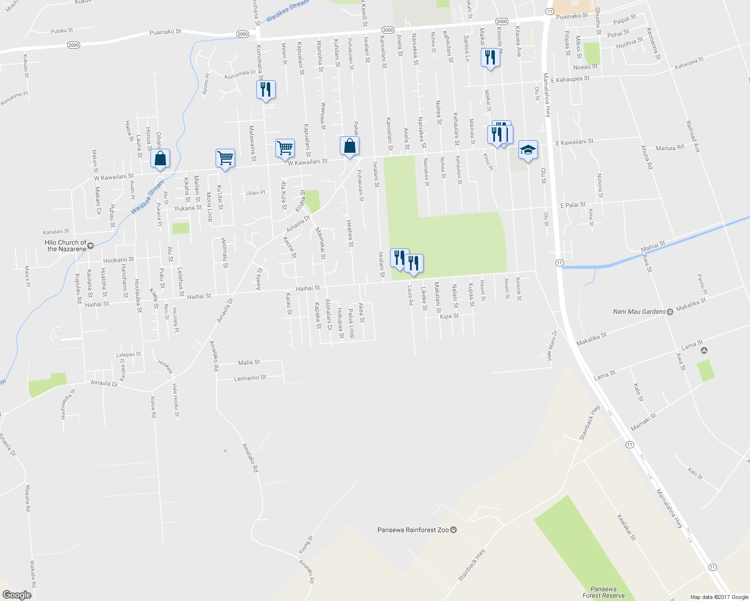 map of restaurants, bars, coffee shops, grocery stores, and more near 106 Palua Loop in Hilo