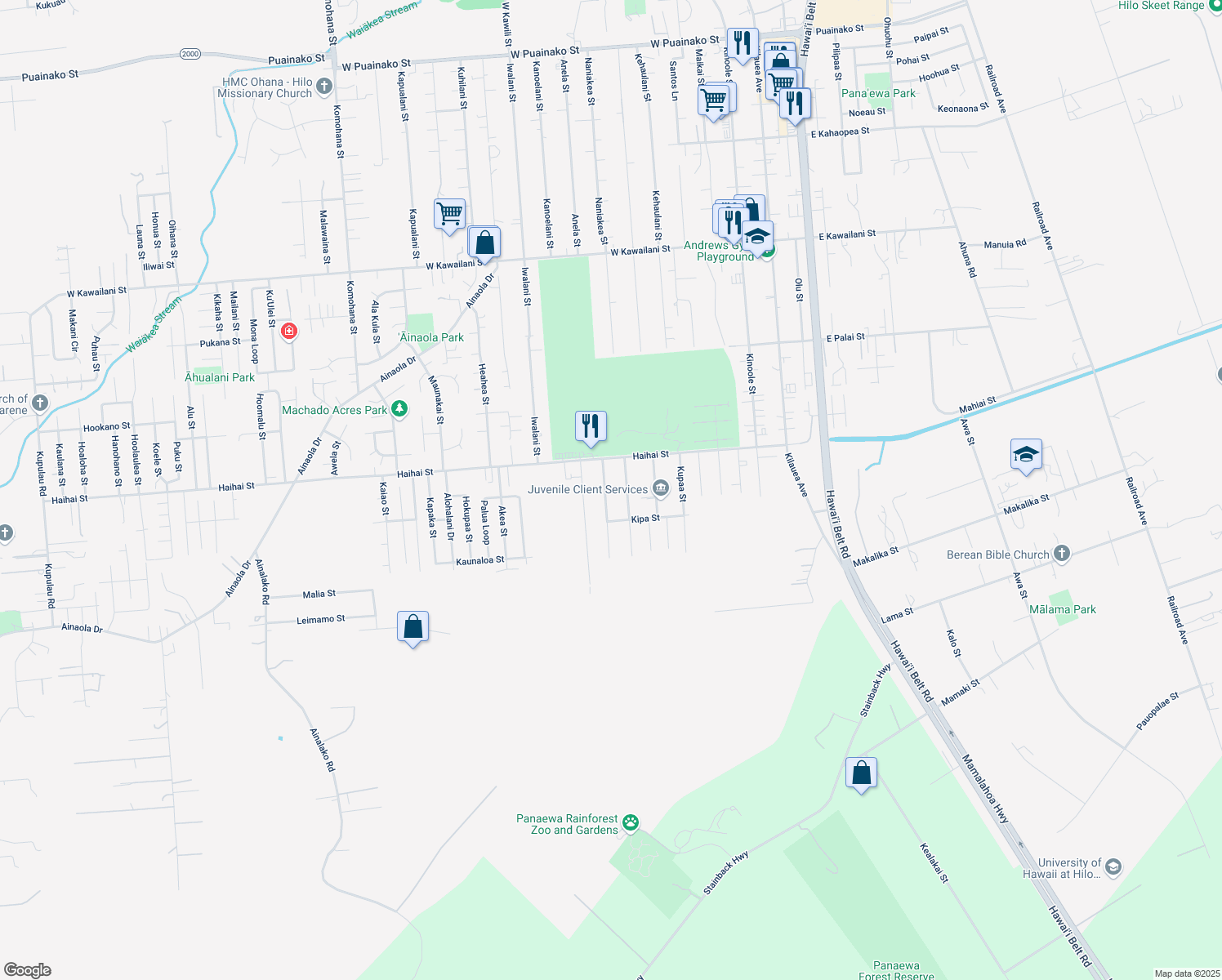 map of restaurants, bars, coffee shops, grocery stores, and more near 55 Likeke St in Hilo