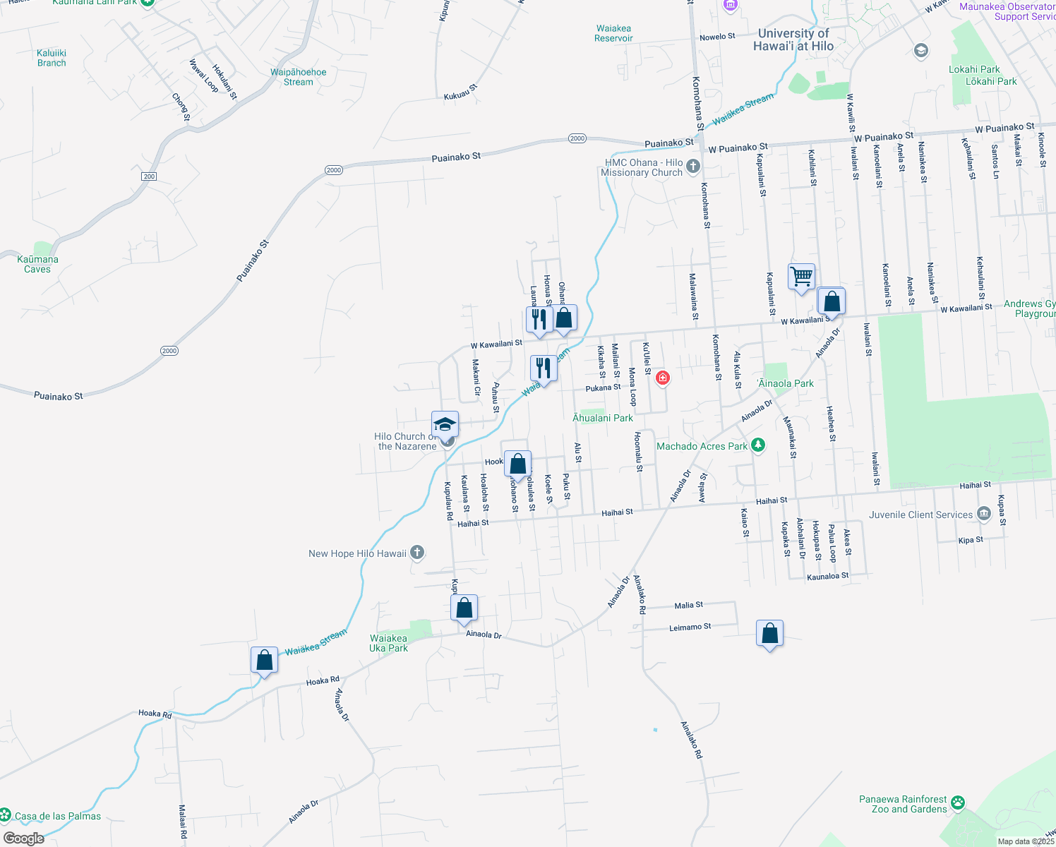 map of restaurants, bars, coffee shops, grocery stores, and more near Kuleana Place in Hilo