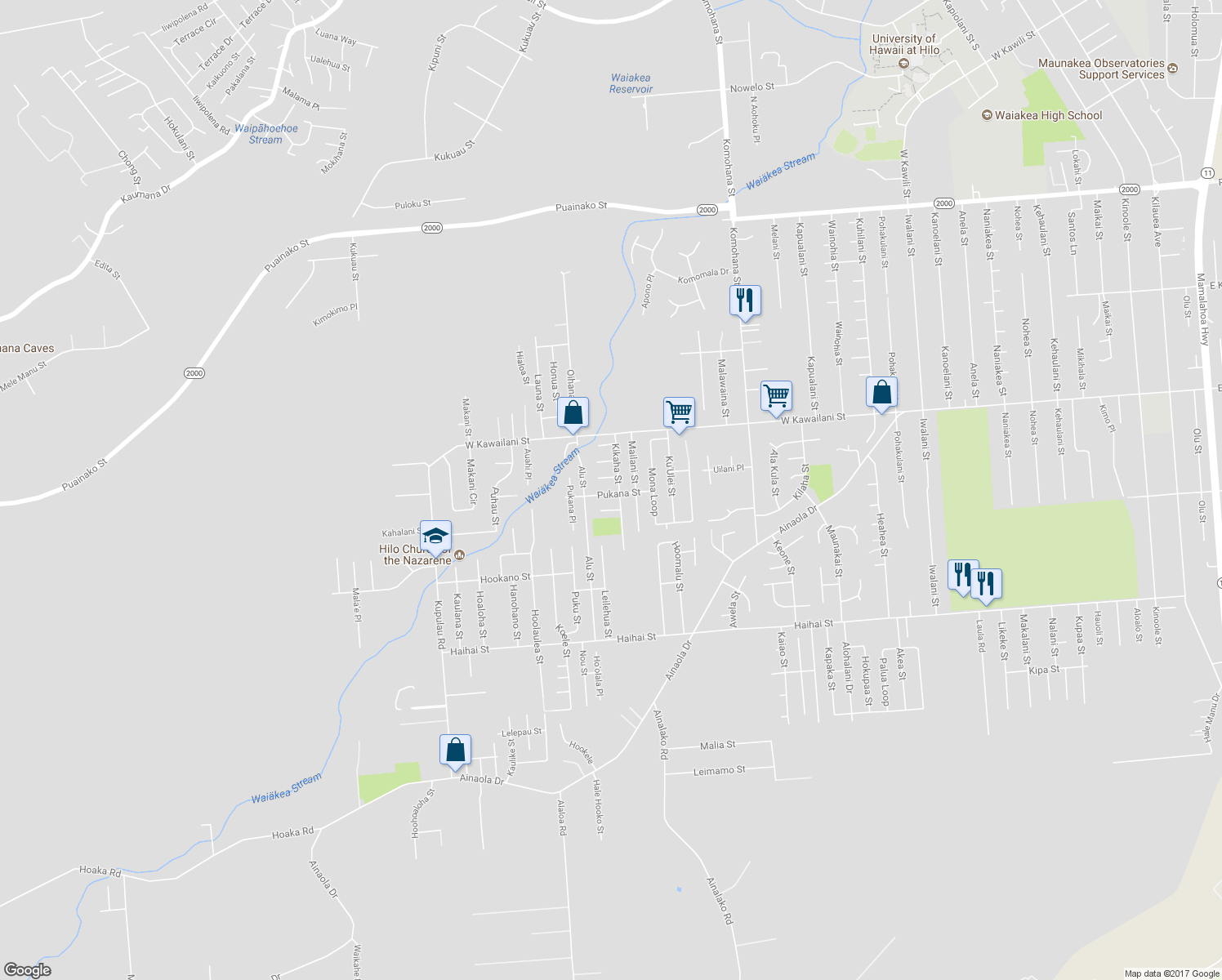 map of restaurants, bars, coffee shops, grocery stores, and more near 1018 Pukana Street in Hilo