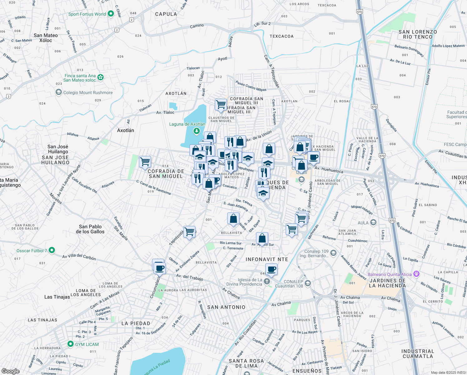 map of restaurants, bars, coffee shops, grocery stores, and more near Calle Coacalco in Tlalnepantla