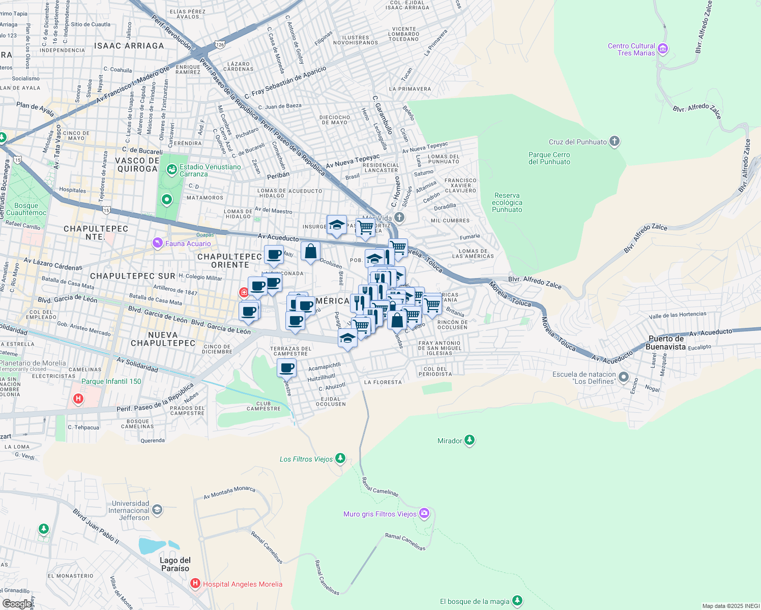 map of restaurants, bars, coffee shops, grocery stores, and more near 73 Calle Doctor Ignacio Chávez in Morelia