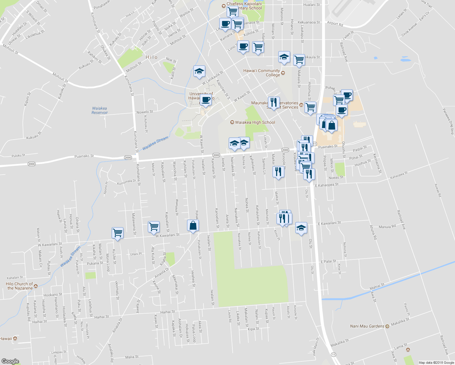 map of restaurants, bars, coffee shops, grocery stores, and more near 135 Anela Street in Hilo