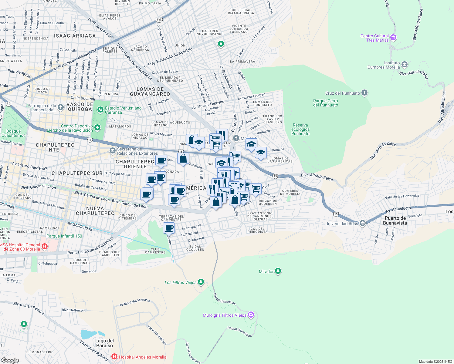 map of restaurants, bars, coffee shops, grocery stores, and more near in Morelia