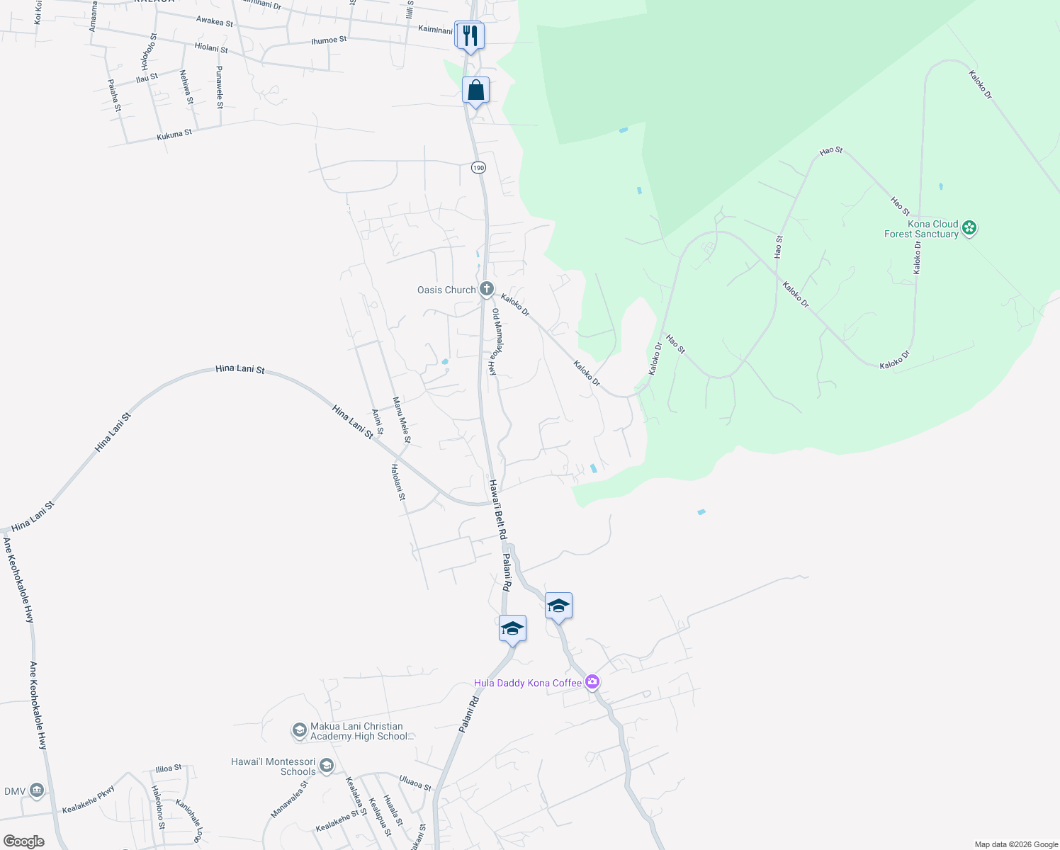 map of restaurants, bars, coffee shops, grocery stores, and more near 73-4679 Old Mamalahoa Highway in Kailua-Kona