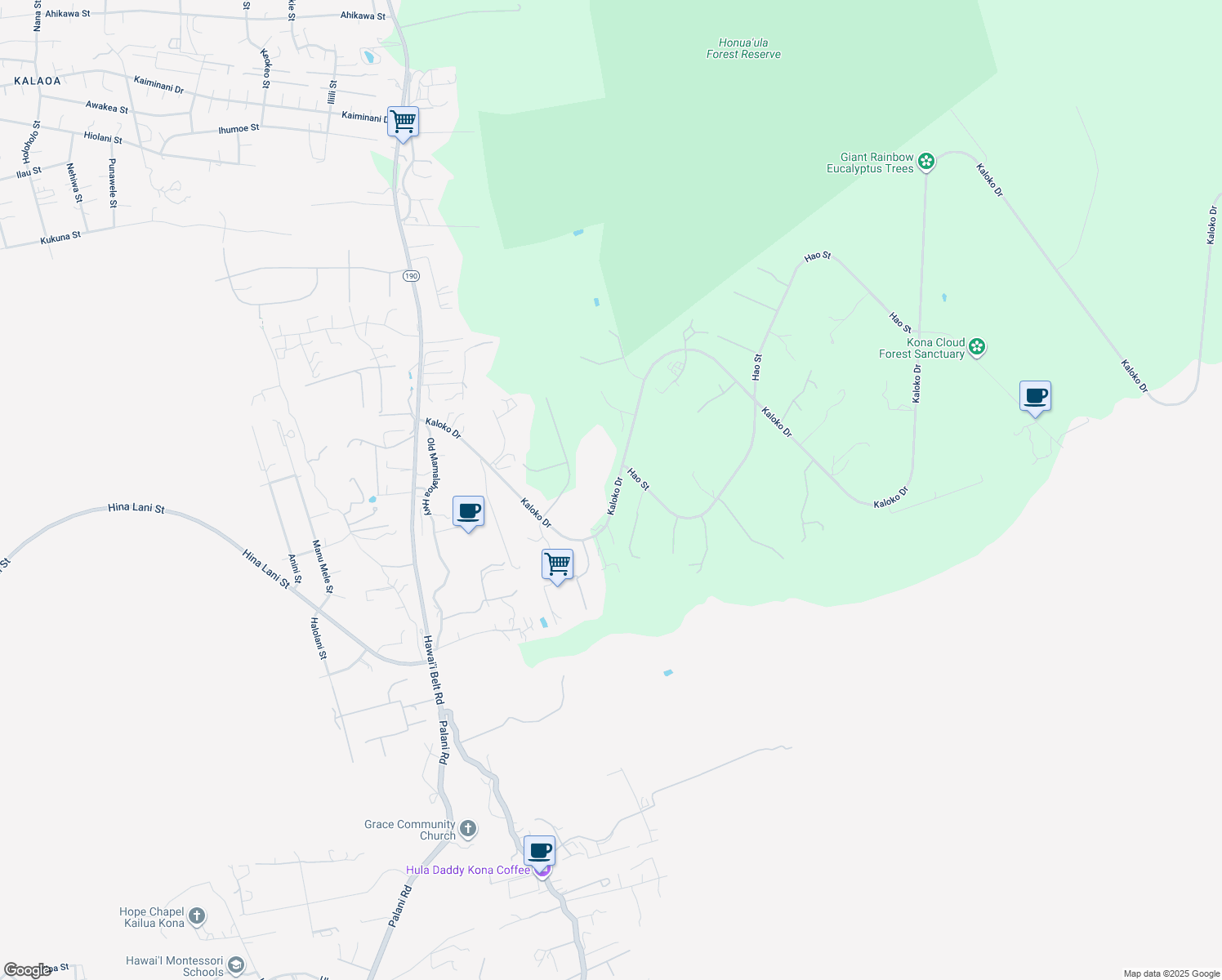 map of restaurants, bars, coffee shops, grocery stores, and more near 73-1445 Kaloko Drive in Kailua-Kona