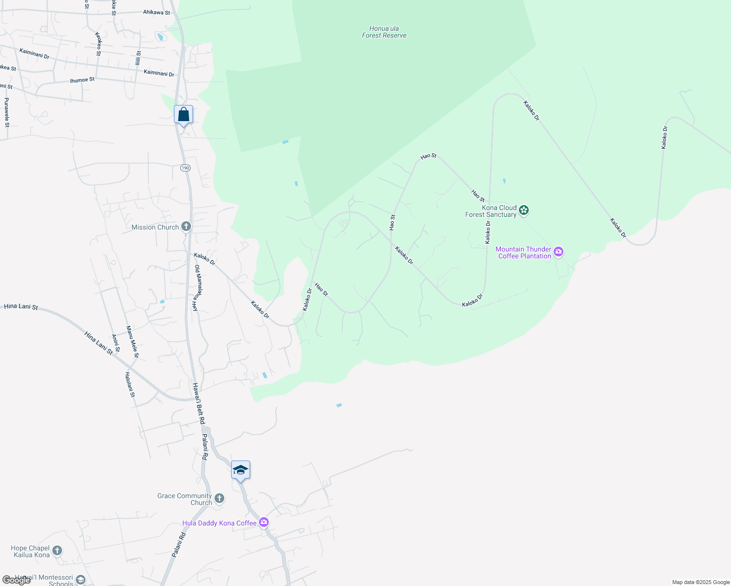 map of restaurants, bars, coffee shops, grocery stores, and more near 73-1539 Hao Street in Kailua-Kona