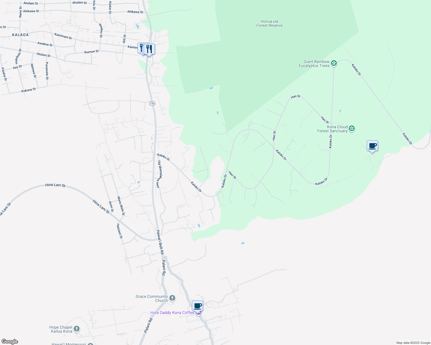 map of restaurants, bars, coffee shops, grocery stores, and more near 73-1445 Kaloko Drive in Kailua-Kona