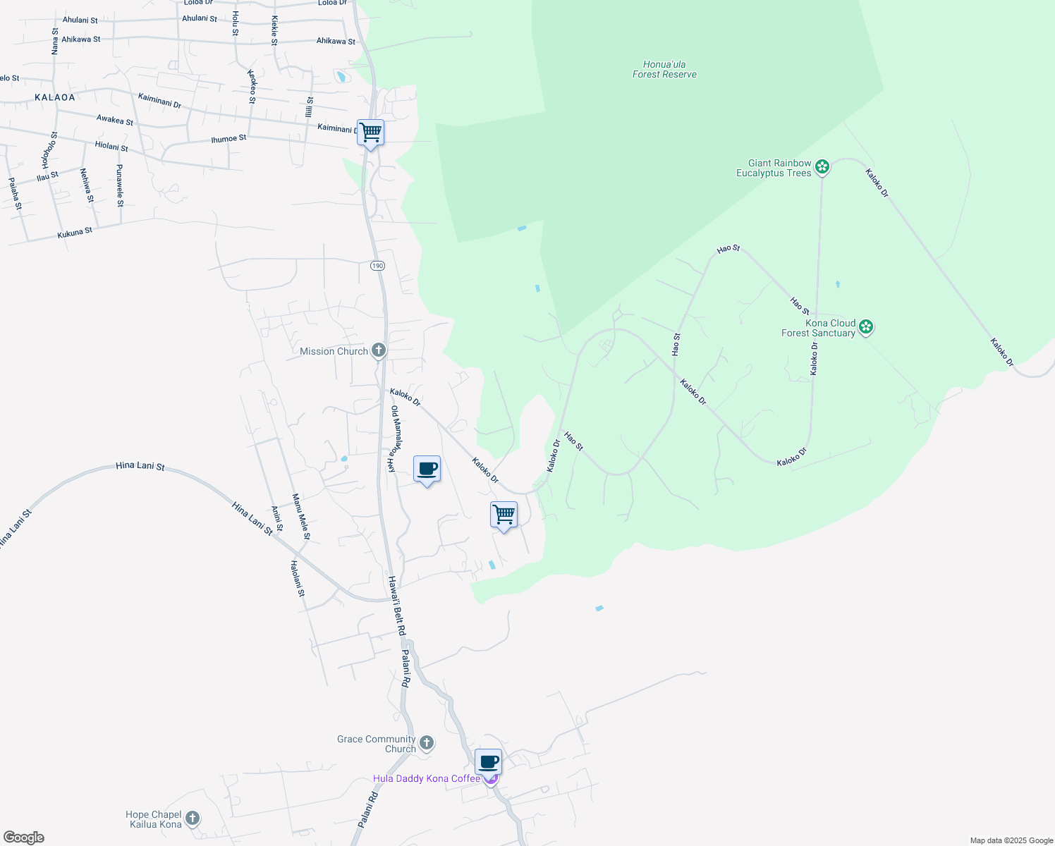 map of restaurants, bars, coffee shops, grocery stores, and more near 73-4593 Kukuki Street in Kailua-Kona