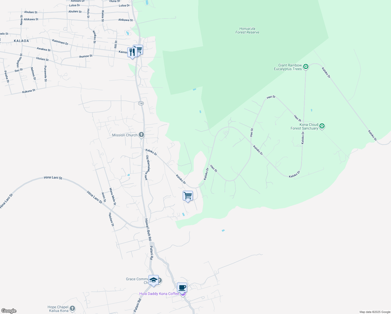 map of restaurants, bars, coffee shops, grocery stores, and more near 73-4593 Kukuki Street in Kailua-Kona