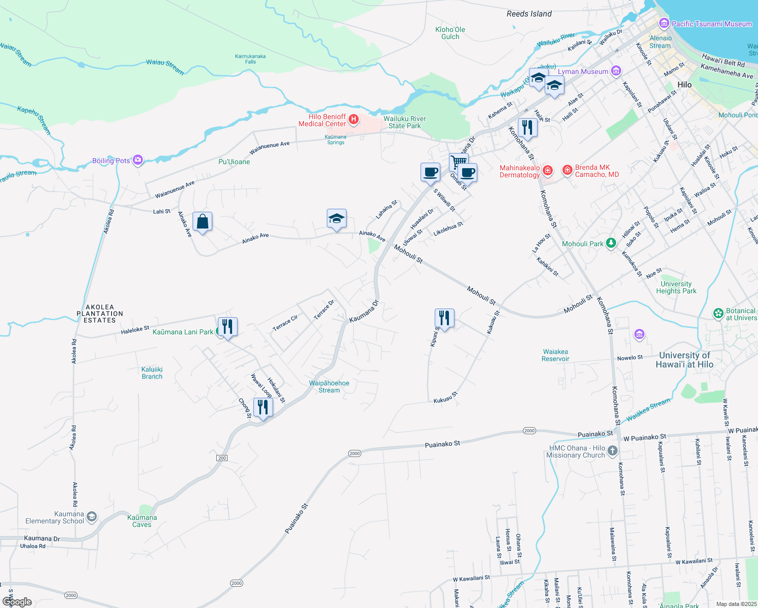 map of restaurants, bars, coffee shops, grocery stores, and more near 563 Kaumana Drive in Hilo