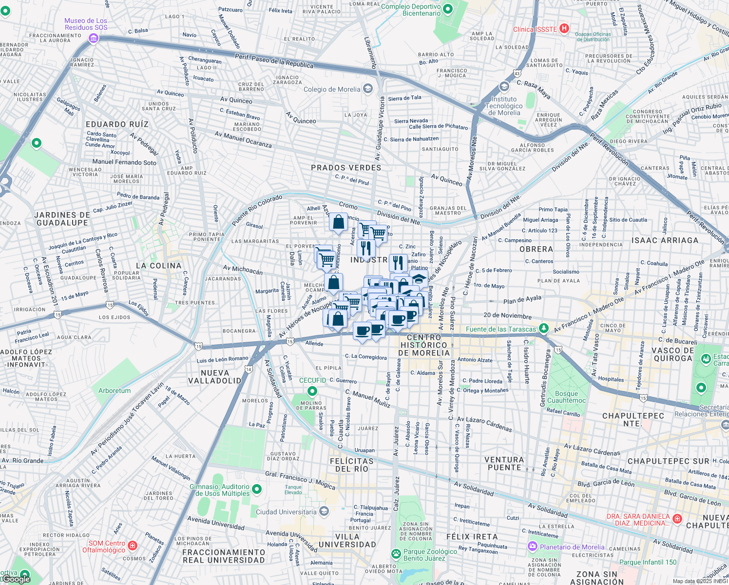 map of restaurants, bars, coffee shops, grocery stores, and more near Avenida Heroes de Nocupétaro in Morelia