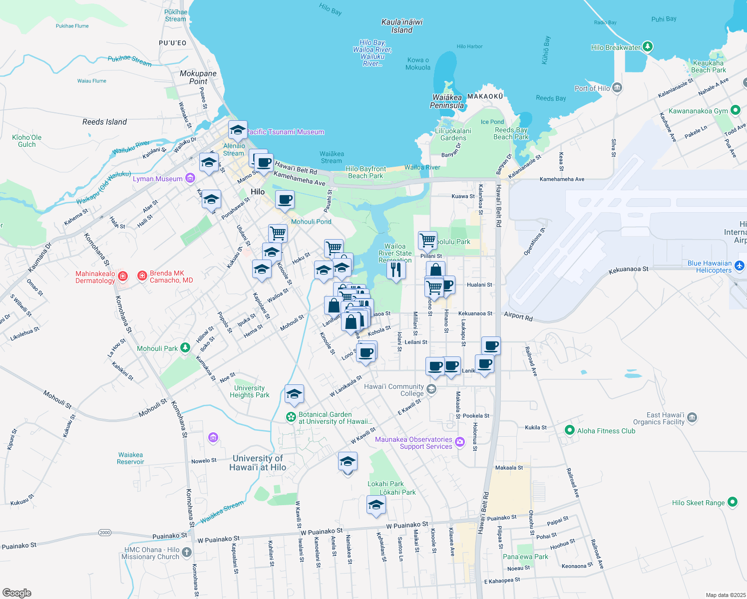map of restaurants, bars, coffee shops, grocery stores, and more near 265 D Kekuanaoa Street in Hilo
