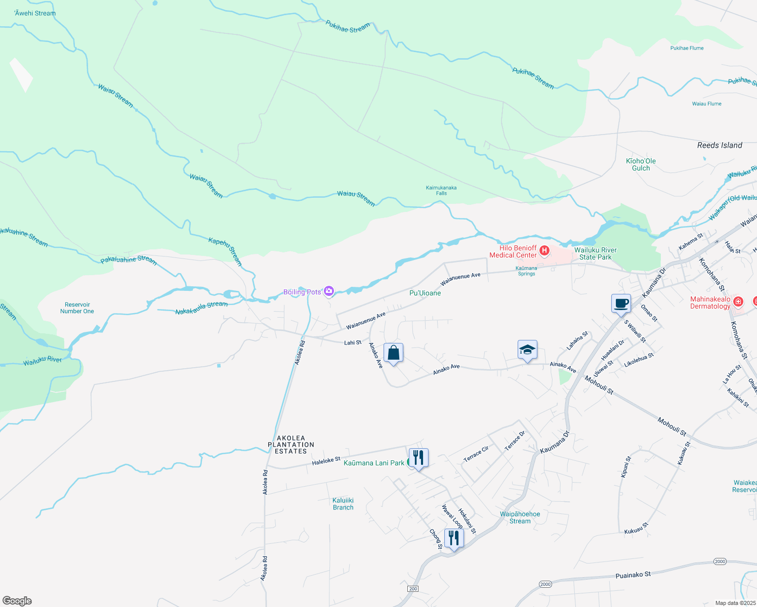 map of restaurants, bars, coffee shops, grocery stores, and more near 1643 Wailuku Drive in Hilo