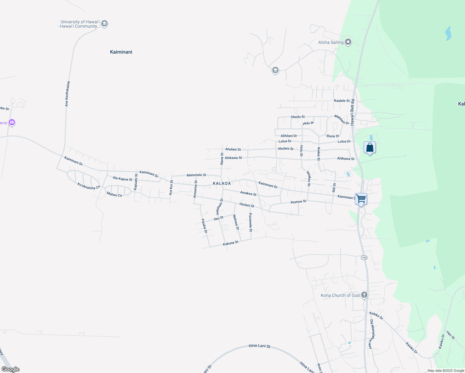 map of restaurants, bars, coffee shops, grocery stores, and more near 73-4348 Malie Place in Kailua-Kona