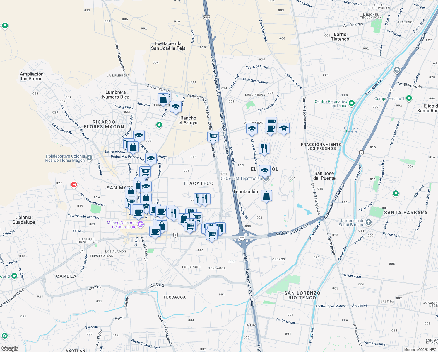 map of restaurants, bars, coffee shops, grocery stores, and more near 30 Calle Libramiento Norte in Tepotzotlán