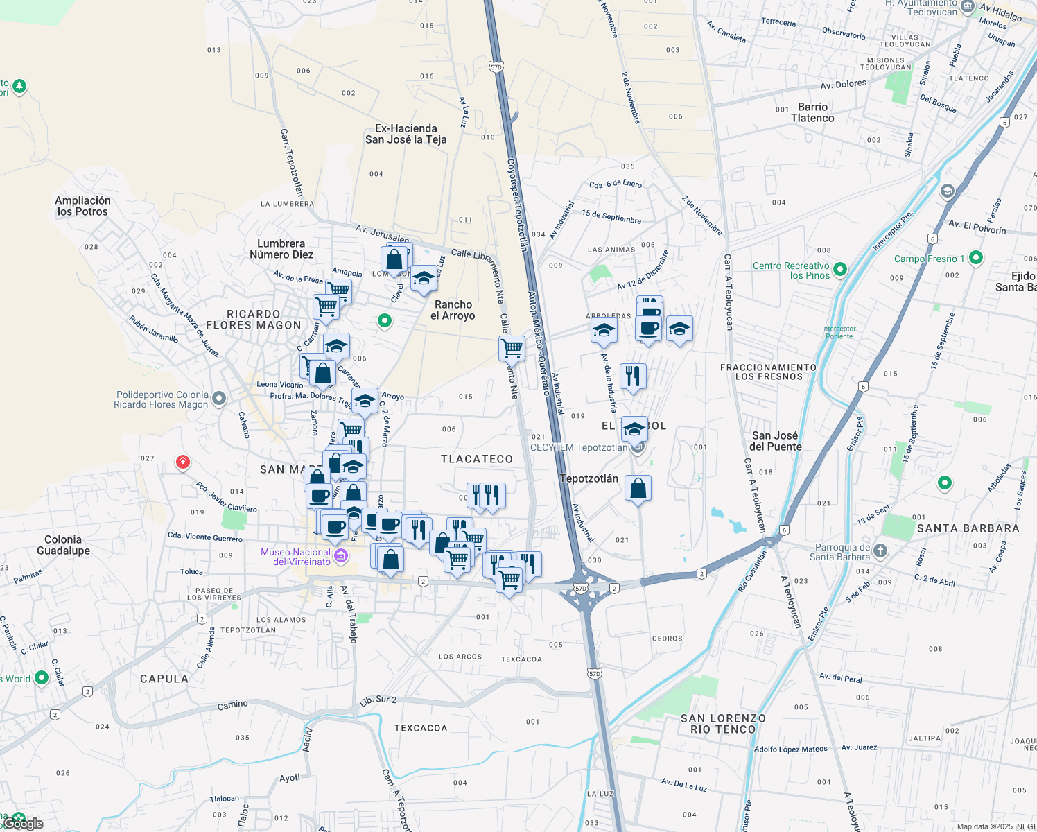 map of restaurants, bars, coffee shops, grocery stores, and more near Calle Libramiento Norte in Tepotzotlán