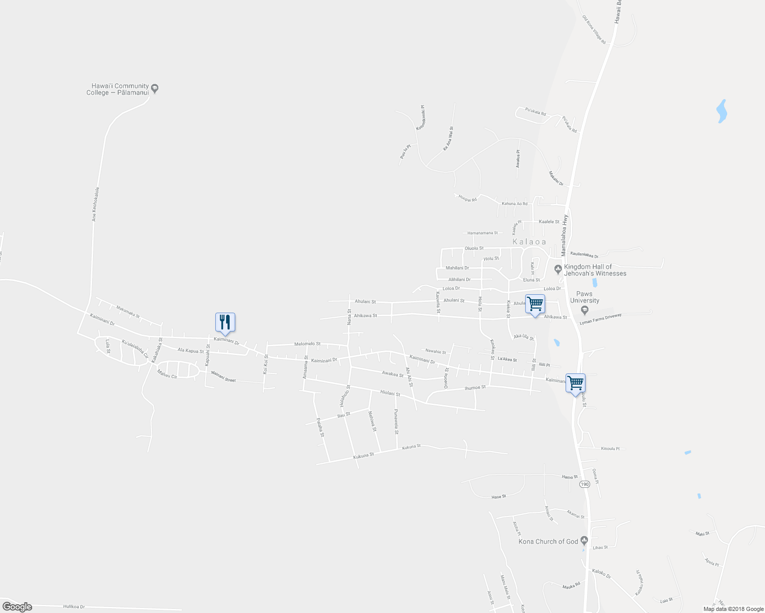 map of restaurants, bars, coffee shops, grocery stores, and more near 73-1022 Ahulani Street in Kailua-Kona