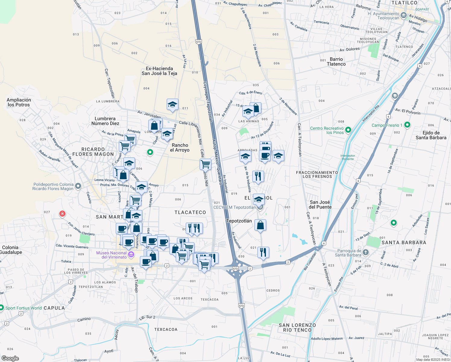 map of restaurants, bars, coffee shops, grocery stores, and more near 30 Calle Libramiento Norte in Tepotzotlán