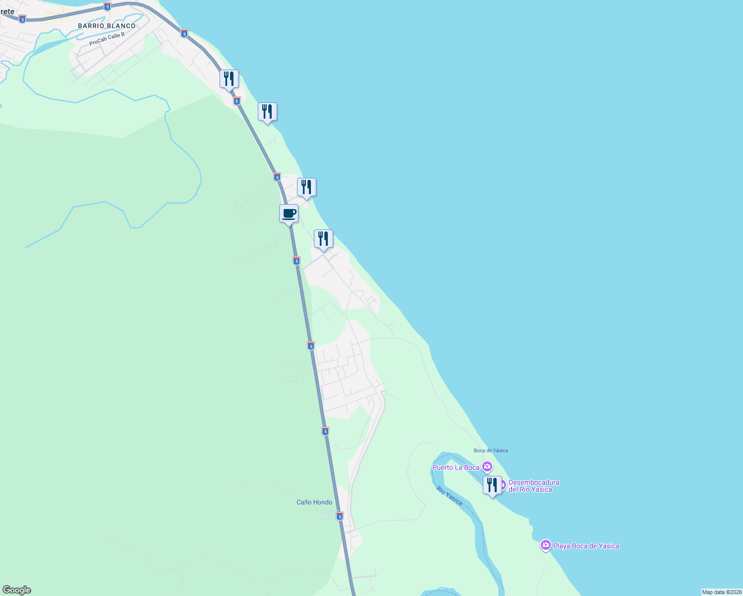 map of restaurants, bars, coffee shops, grocery stores, and more near Camino del Sol in Cabarete