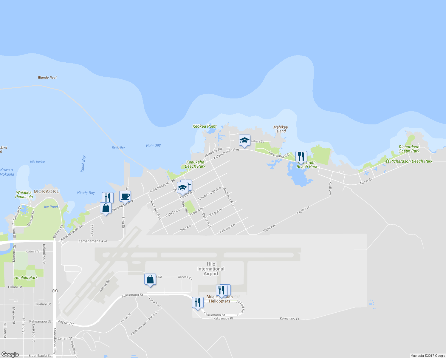map of restaurants, bars, coffee shops, grocery stores, and more near 432 Desha Avenue in Hilo