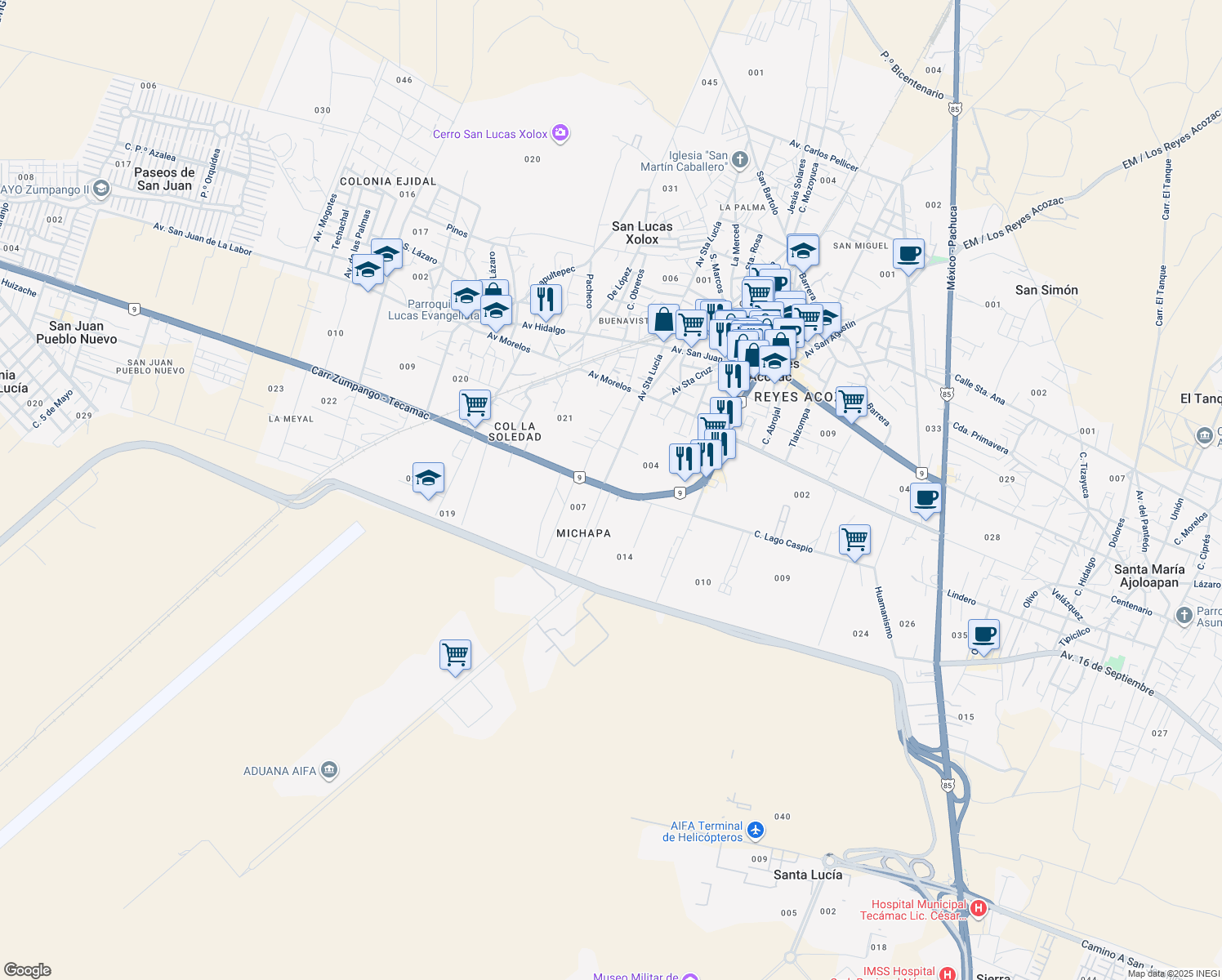 map of restaurants, bars, coffee shops, grocery stores, and more near Carretera Zumpango - Tecamac in Los Reyes Acozac