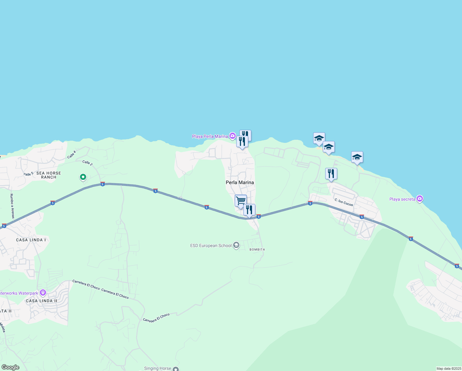 map of restaurants, bars, coffee shops, grocery stores, and more near Paseo La Perla in Perla Marina